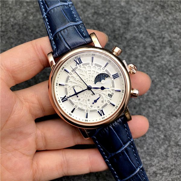 mens watches montre de luxe leather strap 3 dial work fashion designer quartz stainless steel business outdoor sports watch, Slivery;brown